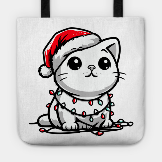 Cute Christmas Cat Santa Hat Christmas Lights Adorable Tote by Frank Ring
