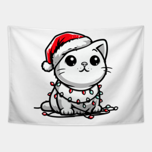 Cute Christmas Cat Santa Hat Christmas Lights Adorable Tapestry