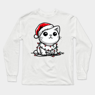 Cute Christmas Cat Santa Hat Christmas Lights Adorable Long Sleeve T-Shirt
