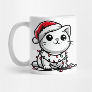 Cute Christmas Cat Santa Hat Christmas Lights Adorable Mug
