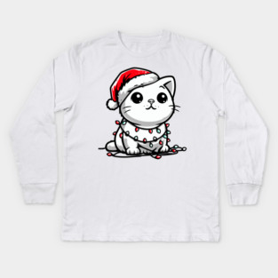 Cute Christmas Cat Santa Hat Christmas Lights Adorable Kids Long Sleeve T-Shirt