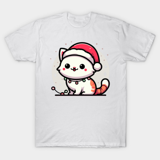 Cute Christmas Cat Santa Hat Christmas Lights Adorable T-Shirt by Frank Ring
