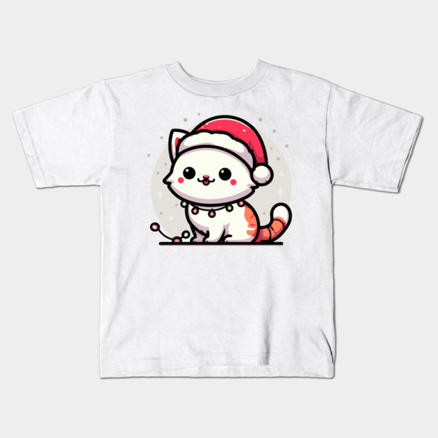 Cute Christmas Cat Santa Hat Christmas Lights Adorable Kids T-Shirt by Frank Ring