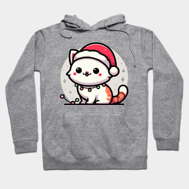 Cute Christmas Cat Santa Hat Christmas Lights Adorable Hoodie by Frank Ring