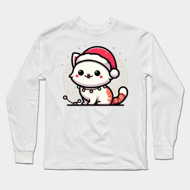 Cute Christmas Cat Santa Hat Christmas Lights Adorable Long Sleeve T-Shirt by Frank Ring