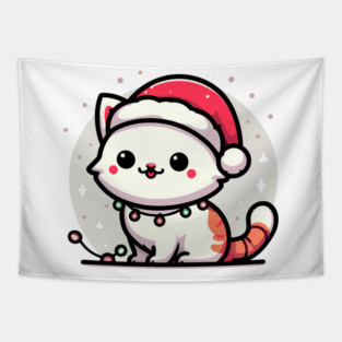 Cute Christmas Cat Santa Hat Christmas Lights Adorable Tapestry