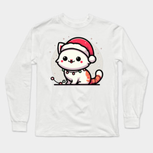 Cute Christmas Cat Santa Hat Christmas Lights Adorable Long Sleeve T-Shirt