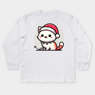 Cute Christmas Cat Santa Hat Christmas Lights Adorable Kids Long Sleeve T-Shirt