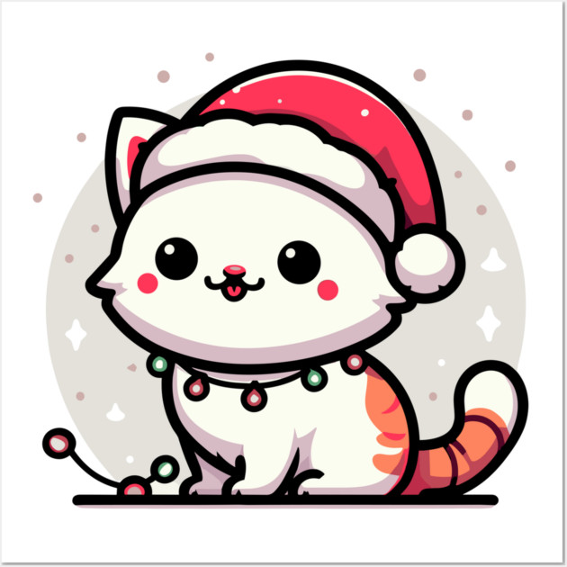 Cute Christmas Cat Santa Hat Christmas Lights Adorable Wall Art by Frank Ring