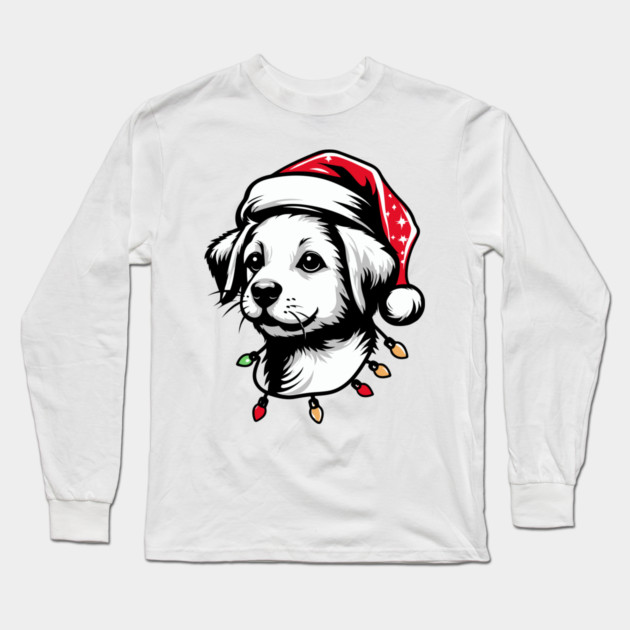 Adorable Dog Christmas Lights Santa Hat Long Sleeve T-Shirt by Frank Ring