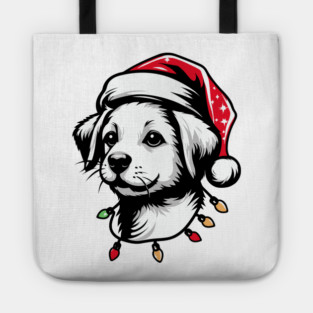 Adorable Dog Christmas Lights Santa Hat Tote