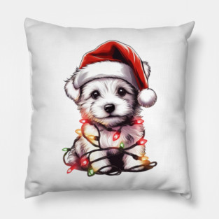 Adorable Dog Christmas Lights Santa Hat Pillow