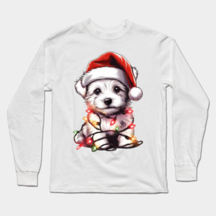 Adorable Dog Christmas Lights Santa Hat Long Sleeve T-Shirt