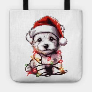 Adorable Dog Christmas Lights Santa Hat Tote