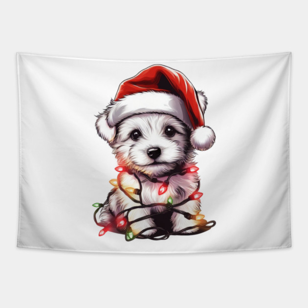 Adorable Dog Christmas Lights Santa Hat Tapestry by Frank Ring