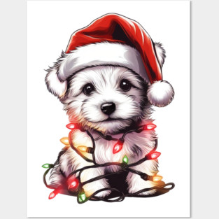 Adorable Dog Christmas Lights Santa Hat Posters and Art