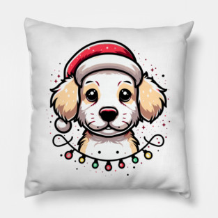 Adorable Dog Christmas Lights Santa Hat Pillow