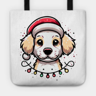 Adorable Dog Christmas Lights Santa Hat Tote