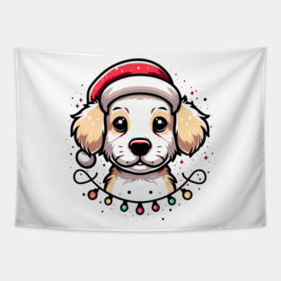 Adorable Dog Christmas Lights Santa Hat Tapestry