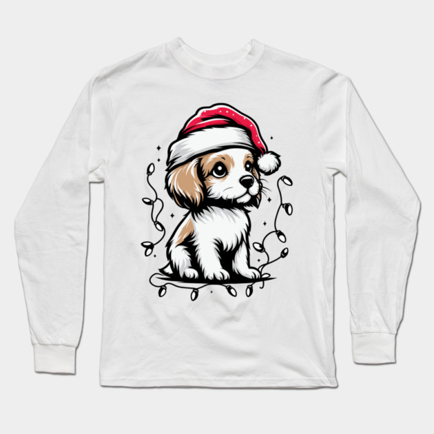 Adorable Dog Christmas Lights Santa Hat Long Sleeve T-Shirt by Frank Ring