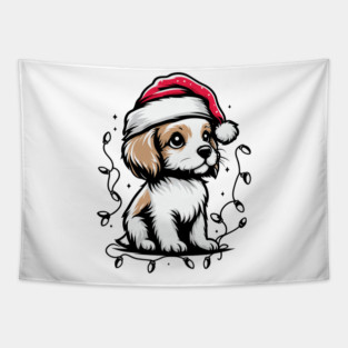Adorable Dog Christmas Lights Santa Hat Tapestry