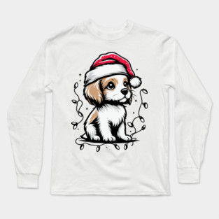 Adorable Dog Christmas Lights Santa Hat Long Sleeve T-Shirt