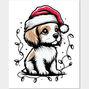 Adorable Dog Christmas Lights Santa Hat Posters and Art