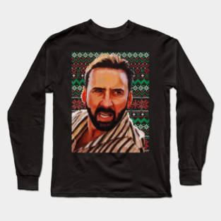 Nicolas Cage Pedro Pascal Meme - Ugly Xmas Part 1 Long Sleeve T-Shirt
