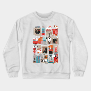 Purfect Christmas gifts // spot // beige background cute cats in cardboard red and teal wrapped boxes and holiday ornaments ribbons balls and lights Crewneck Sweatshirt
