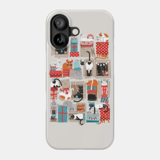 Purfect Christmas gifts // spot // beige background cute cats in cardboard red and teal wrapped boxes and holiday ornaments ribbons balls and lights Phone Case