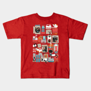Purfect Christmas gifts // spot // beige background cute cats in cardboard red and teal wrapped boxes and holiday ornaments ribbons balls and lights Kids T-Shirt