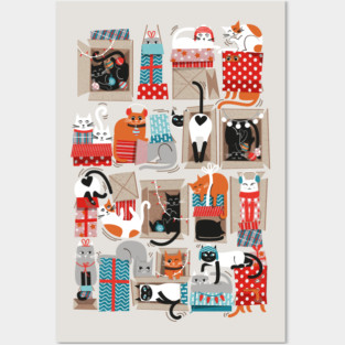 Purfect Christmas gifts // spot // beige background cute cats in cardboard red and teal wrapped boxes and holiday ornaments ribbons balls and lights Posters and Art