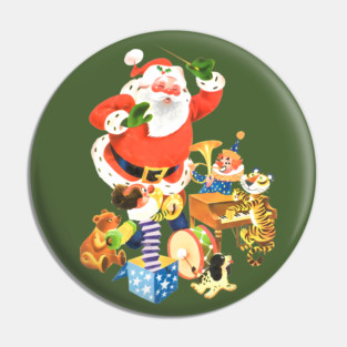 REVISTANGO #232 - Santa Conducting a Toy Orchestra with Dancing Tiger, Jack-in-the-Box, and Drum Parade in Luminous 1950s Christmas Illustration Full of Musical Joy and Glowing Retro Fantasy, Retro Pin