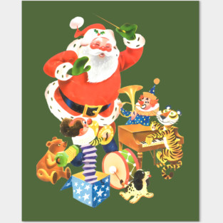REVISTANGO #232 - Santa Conducting a Toy Orchestra with Dancing Tiger, Jack-in-the-Box, and Drum Parade in Luminous 1950s Christmas Illustration Full of Musical Joy and Glowing Retro Fantasy, Retro Posters and Art