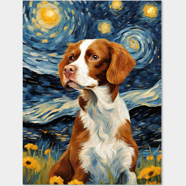 Cute Brittany Spaniel Dog Breed Painting in a Van Gogh Starry - Main Image