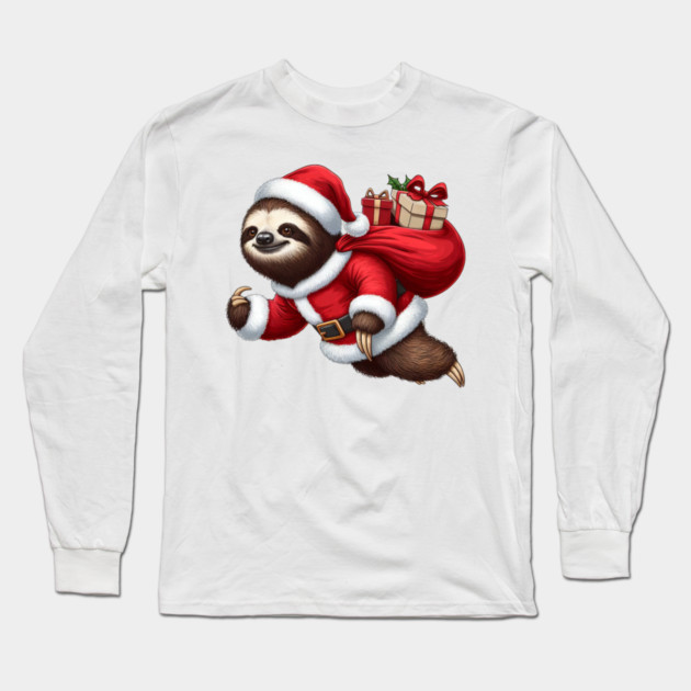 Festive Sloth Santa Christmas Xmas Holiday Funny Long Sleeve T-Shirt by Frank Ring