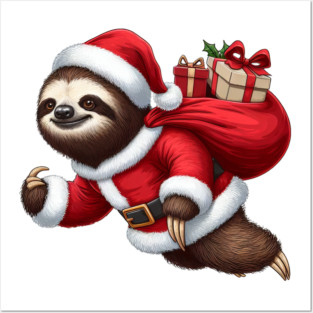 Festive Sloth Santa Christmas Xmas Holiday Funny Posters and Art