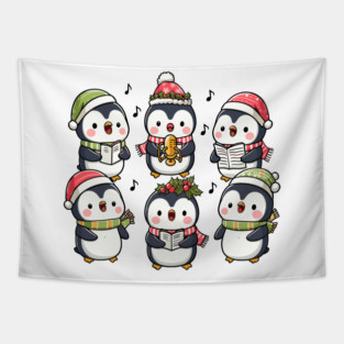 Festive Penguin Carolers Singing Christmas Cute Carols Tapestry