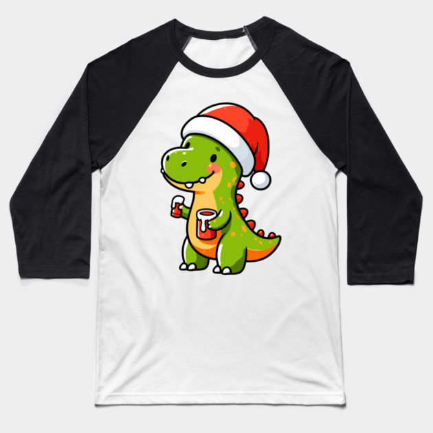 Cute Dino Santa Hat Xmas Cartoon Christmas Dinosaur Baseball T-Shirt by Frank Ring