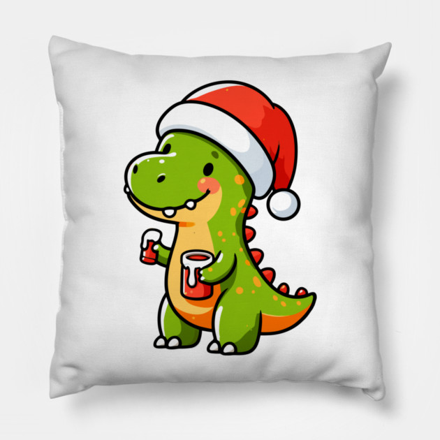 Cute Dino Santa Hat Xmas Cartoon Christmas Dinosaur Pillow by Frank Ring