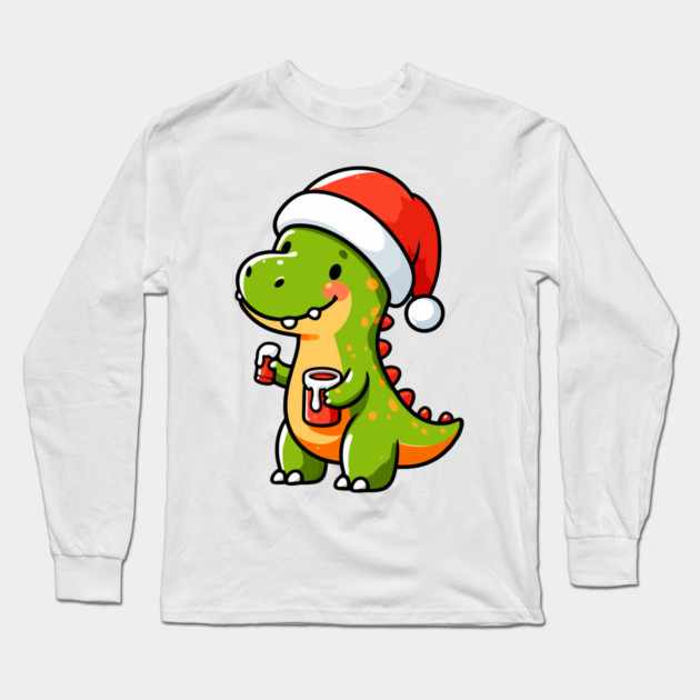 Cute Dino Santa Hat Xmas Cartoon Christmas Dinosaur Long Sleeve T-Shirt by Frank Ring