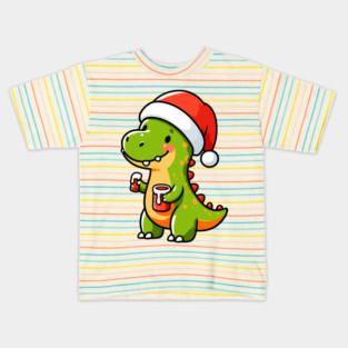 Cute Dino Santa Hat Xmas Cartoon Christmas Dinosaur Kids T-Shirt