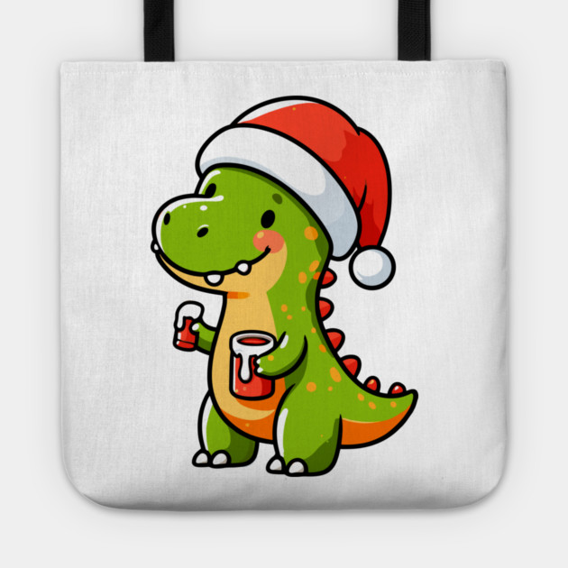 Cute Dino Santa Hat Xmas Cartoon Christmas Dinosaur Tote by Frank Ring