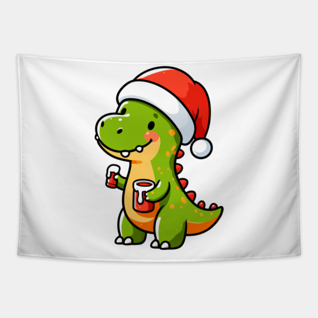 Cute Dino Santa Hat Xmas Cartoon Christmas Dinosaur Tapestry by Frank Ring