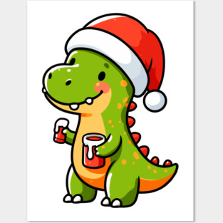 Cute Dino Santa Hat Xmas Cartoon Christmas Dinosaur Posters and Art