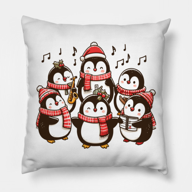 Festive Penguin Carolers Singing Christmas Cute Carols Pillow by Frank Ring