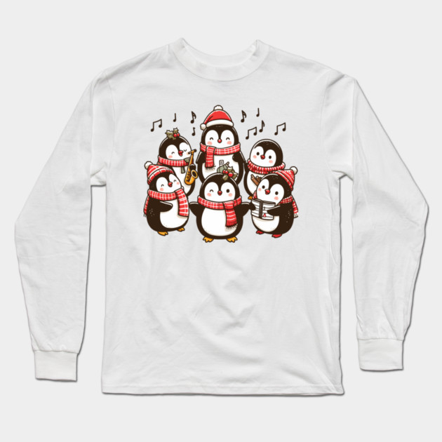 Festive Penguin Carolers Singing Christmas Cute Carols Long Sleeve T-Shirt by Frank Ring