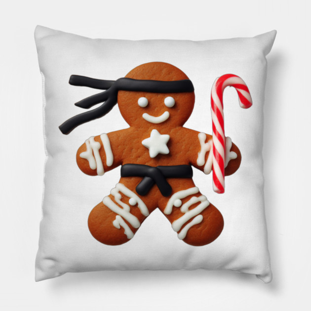Funny Ninja Gingerbread Man Cookie Candy Cane Sword Pillow by Frank Ring