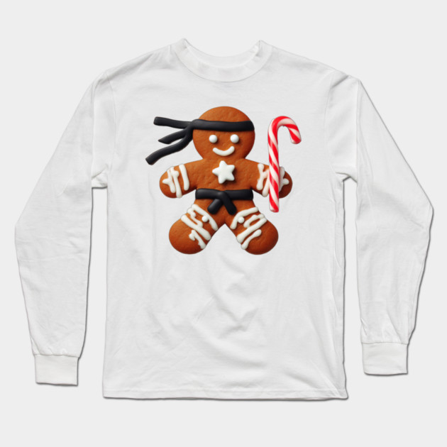 Funny Ninja Gingerbread Man Cookie Candy Cane Sword Long Sleeve T-Shirt by Frank Ring