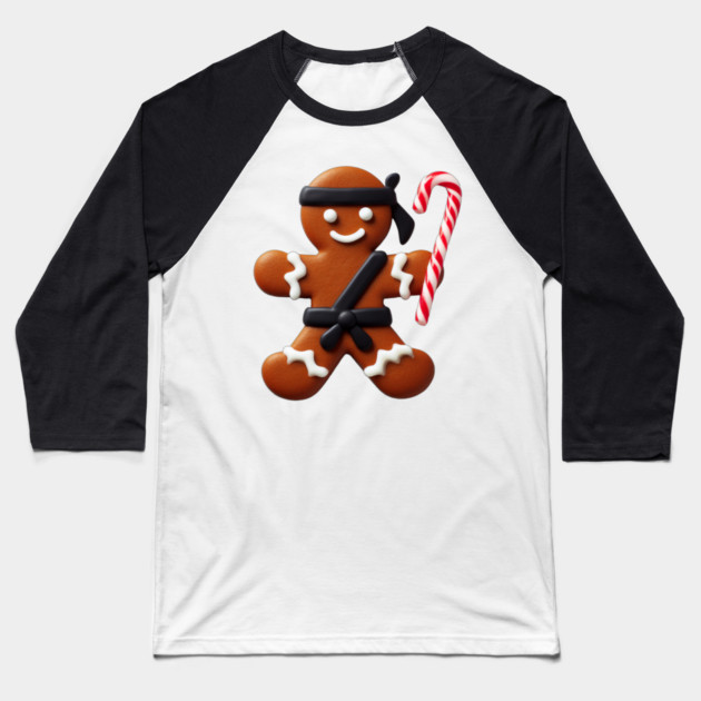 Funny Ninja Gingerbread Man Cookie Candy Cane Sword Baseball T-Shirt by Frank Ring